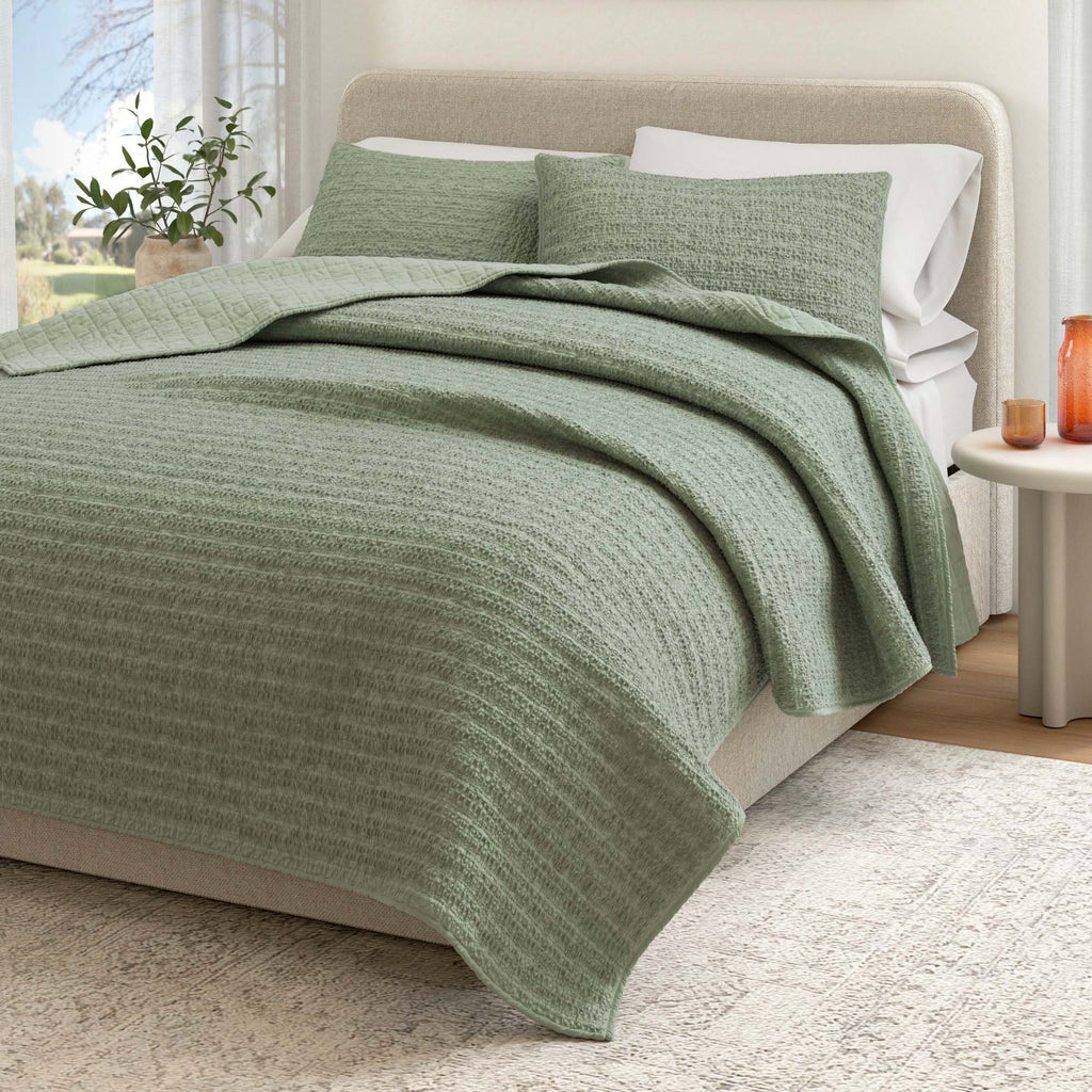 100% Cotton Honeycomb Waffle Garment Washed Quilt Set - Genevieve Collection Eucalyptus Green