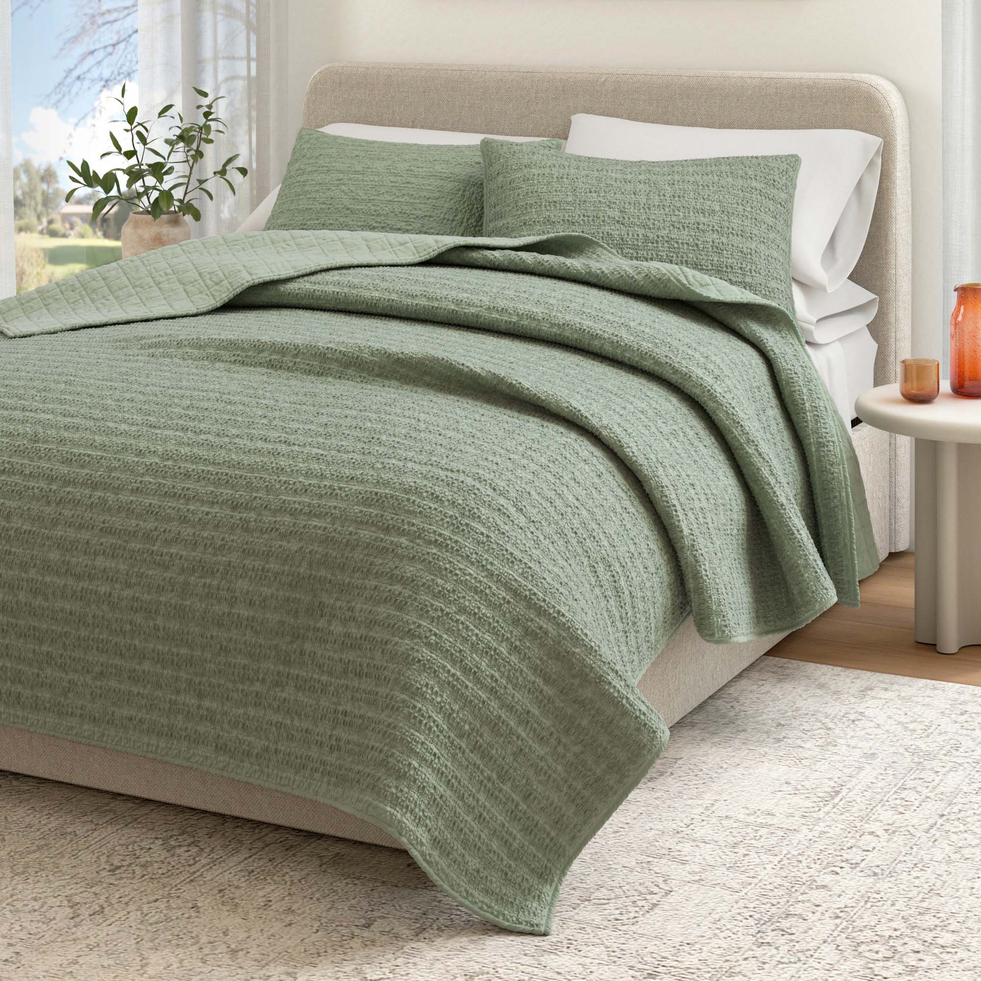 100% Cotton Honeycomb Waffle Garment Washed Quilt Set - Genevieve Collection Eucalyptus Green