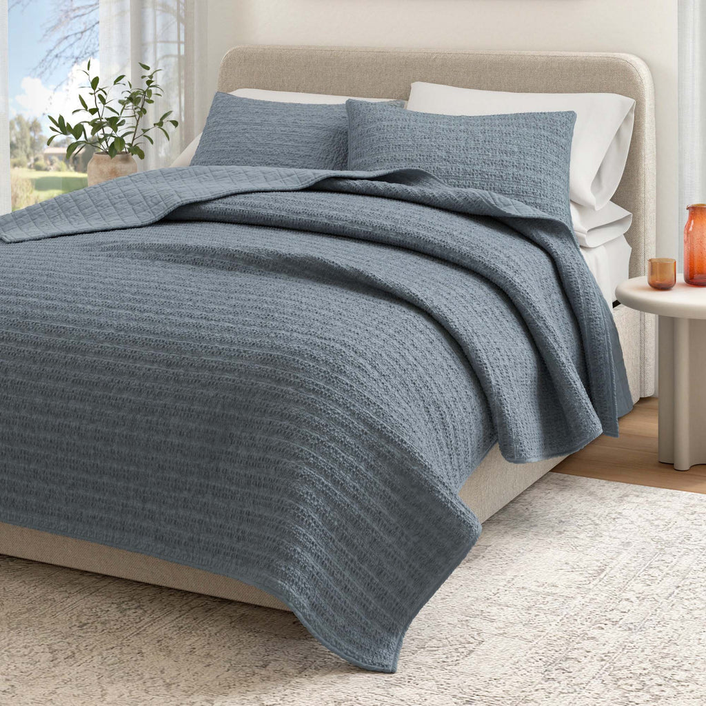 100% Cotton Honeycomb Waffle Garment Washed Quilt Set - Genevieve Collection Denim Blue