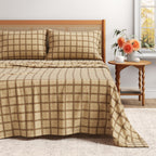 Turkish Cotton Flannel Sheet Set - Plaid & Stripe Collection Block Plaid - Taupe Green Red