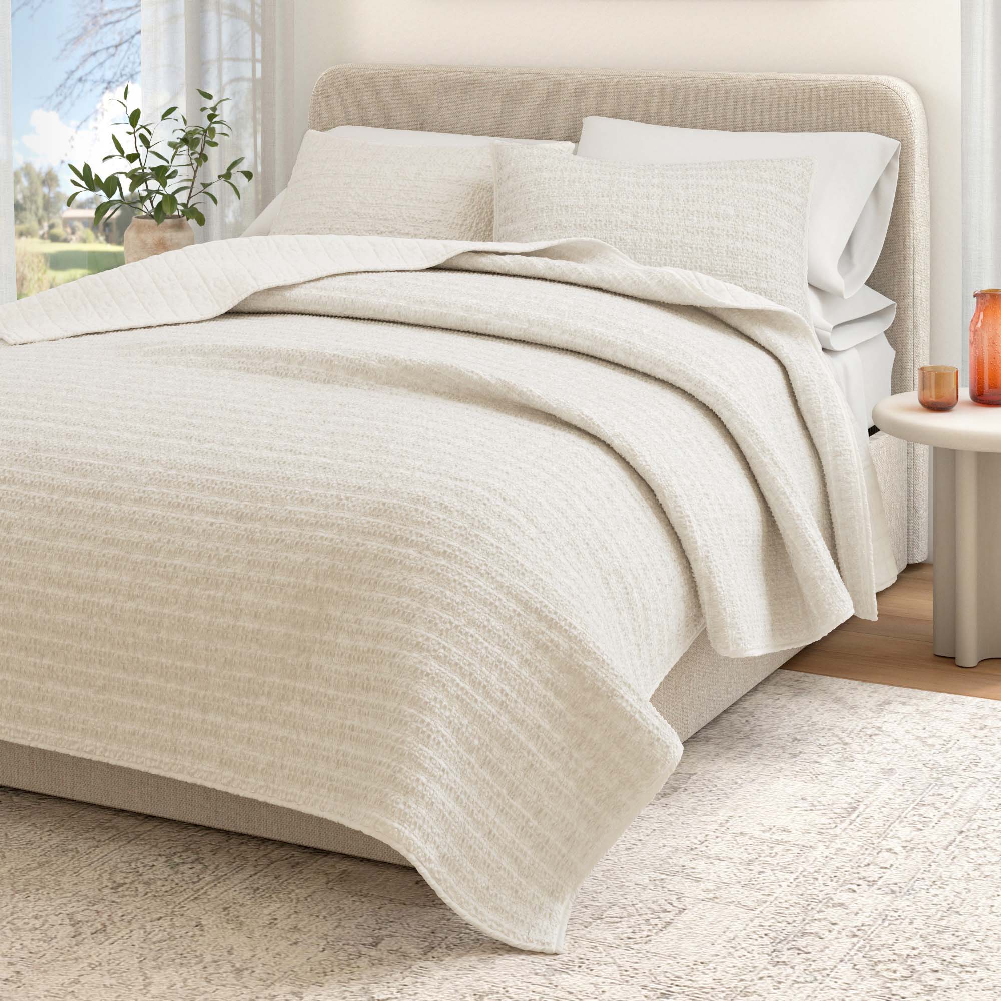 100% Cotton Honeycomb Waffle Garment Washed Quilt Set - Genevieve Collection Natural