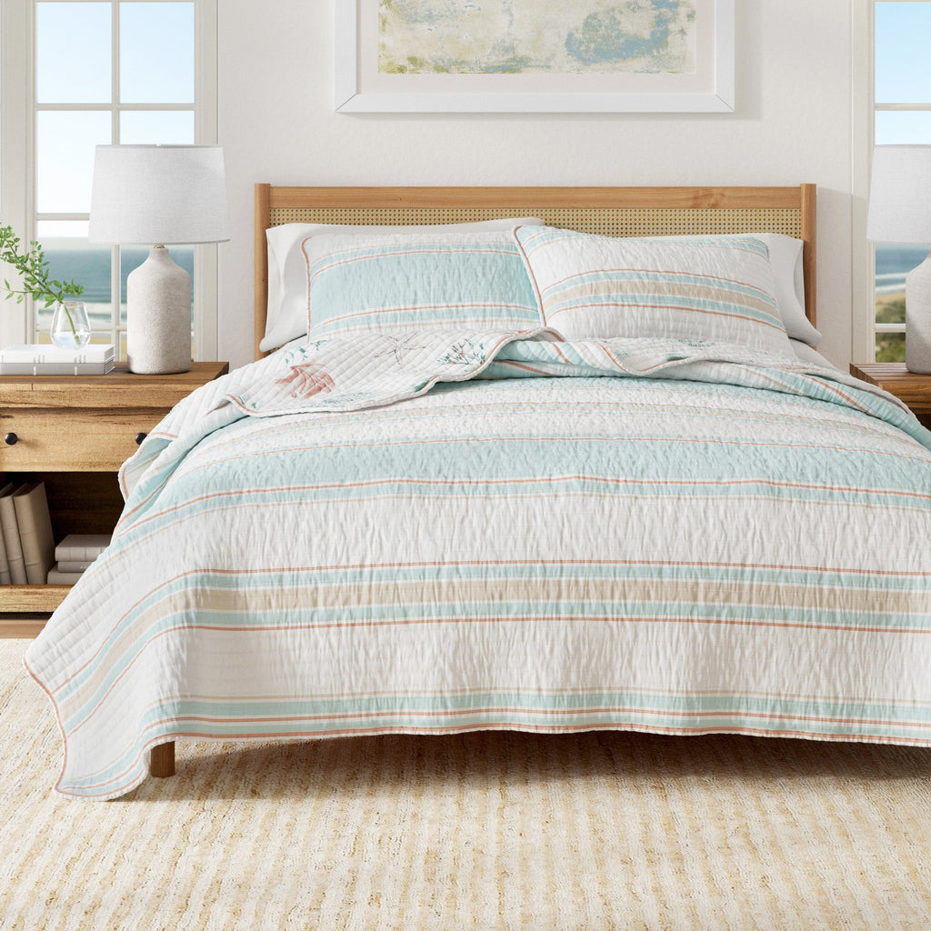 Coastal Printed Cotton Quilt Set - St. Augustine Collection Flag Stripe Kelp Breeze