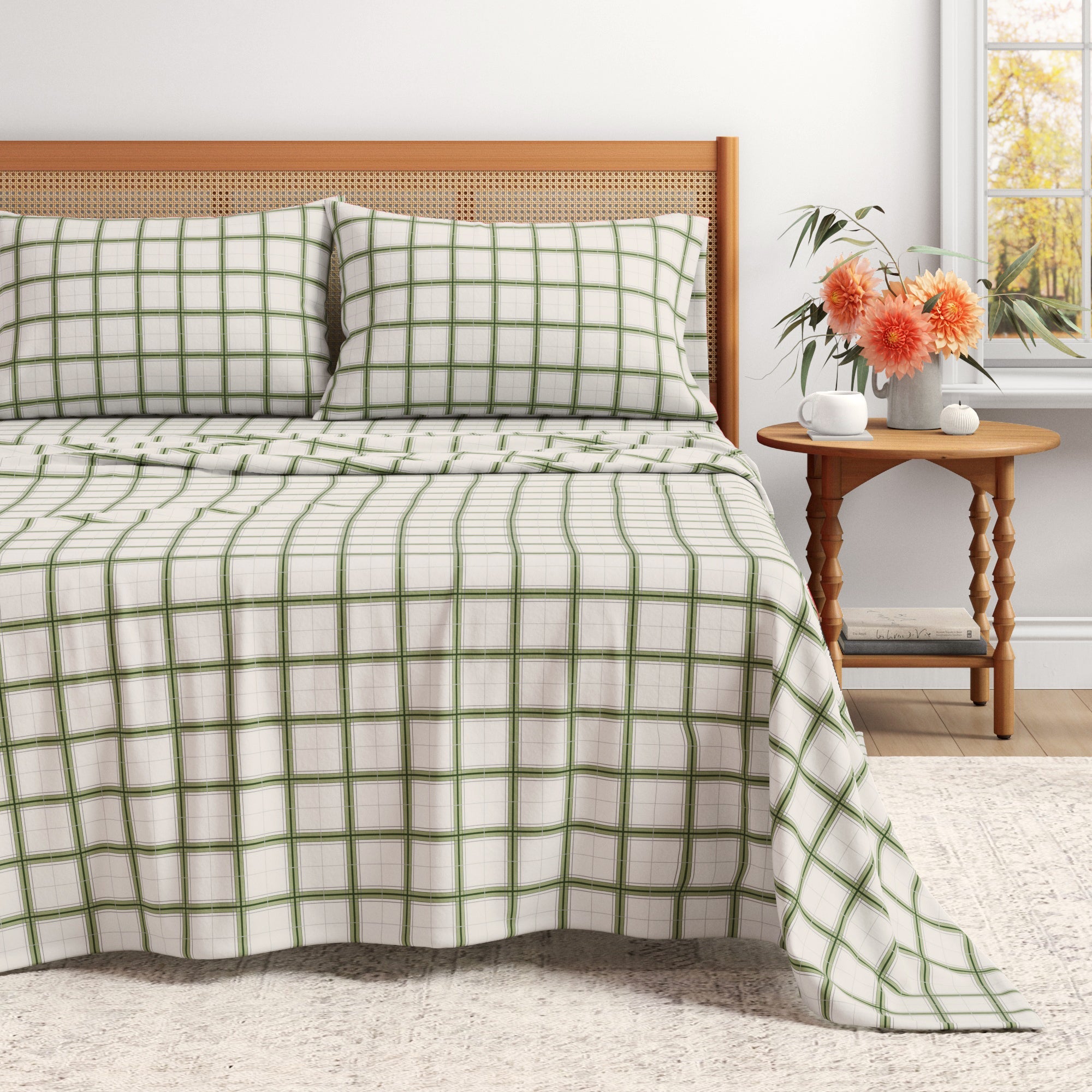 Turkish Cotton Flannel Sheet Set - Plaid & Stripe Collection Block Plaid - Green Grey